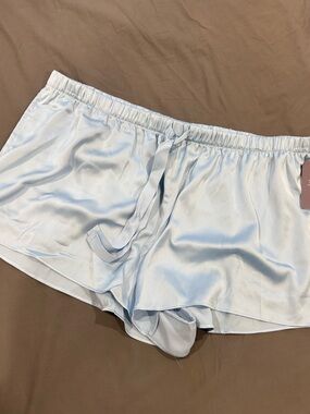 Auden Light Blue Satin High-Waist Lounge Shorts
